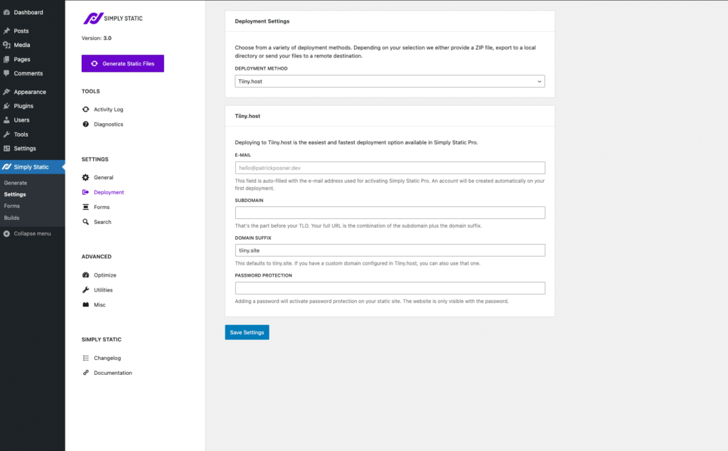 Zip file hosting on Tiiny.host with Simply Static 8