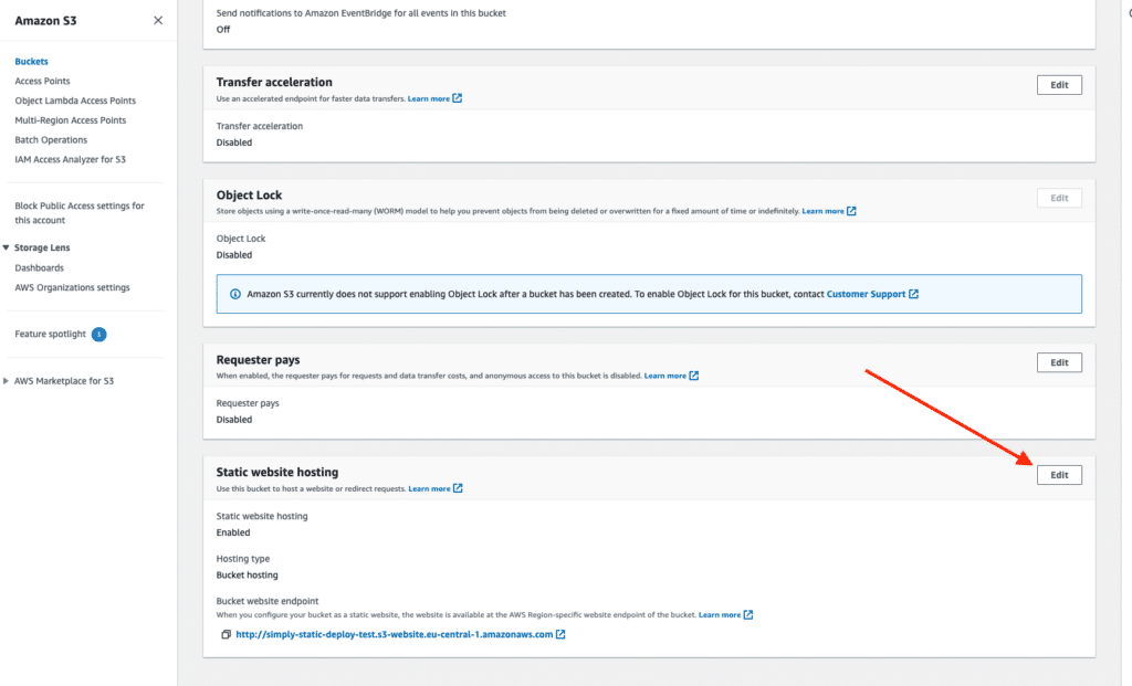 aws edit static site hosting