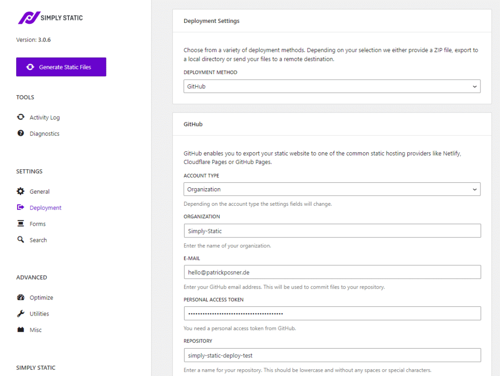 simply static github deployment settings