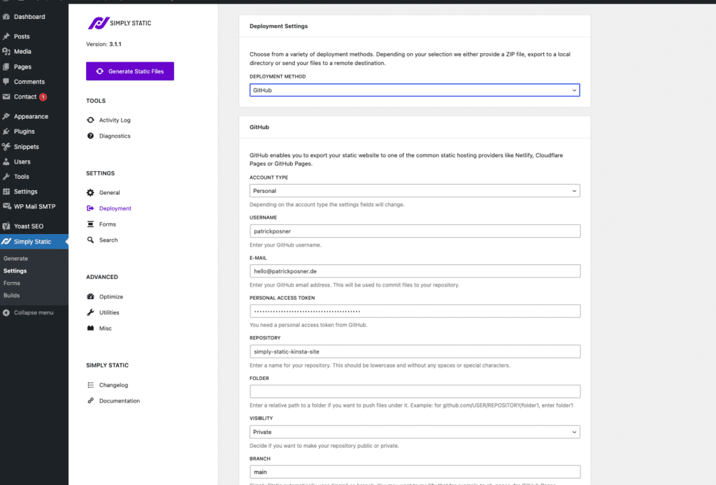 simply static github kinsta