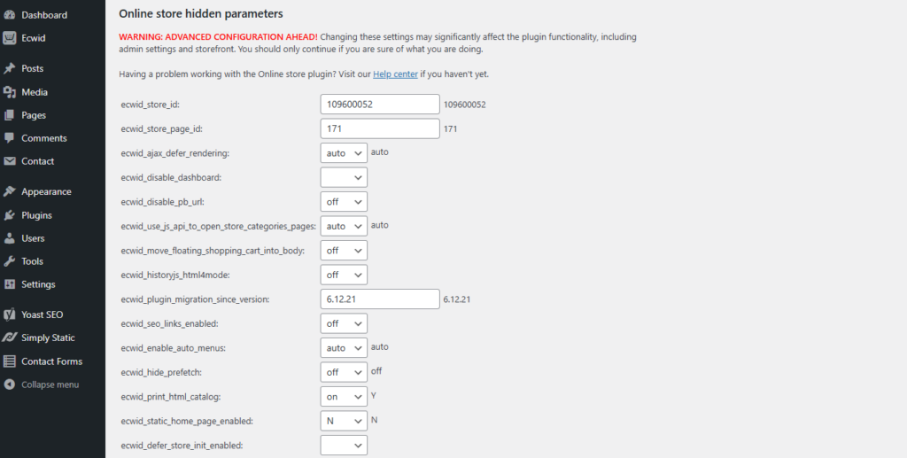 advanced settings ecwid simply static