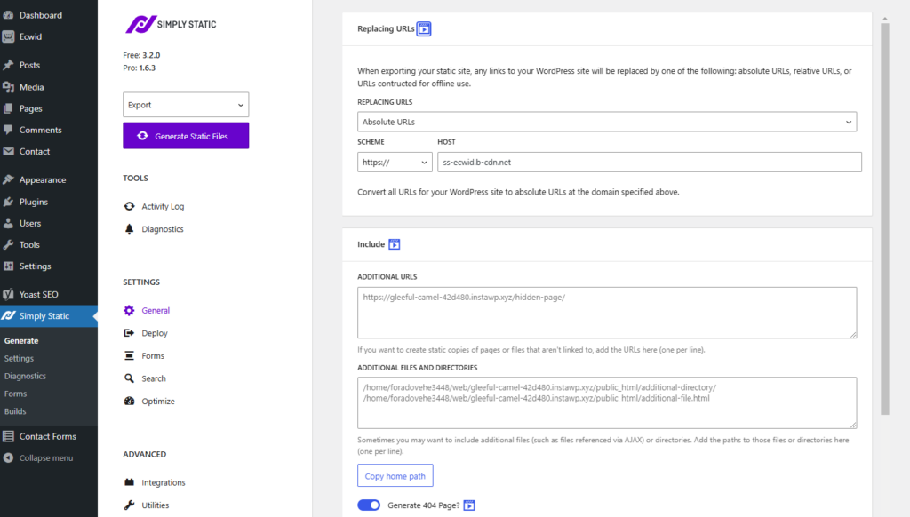 simply static ecwid general settings