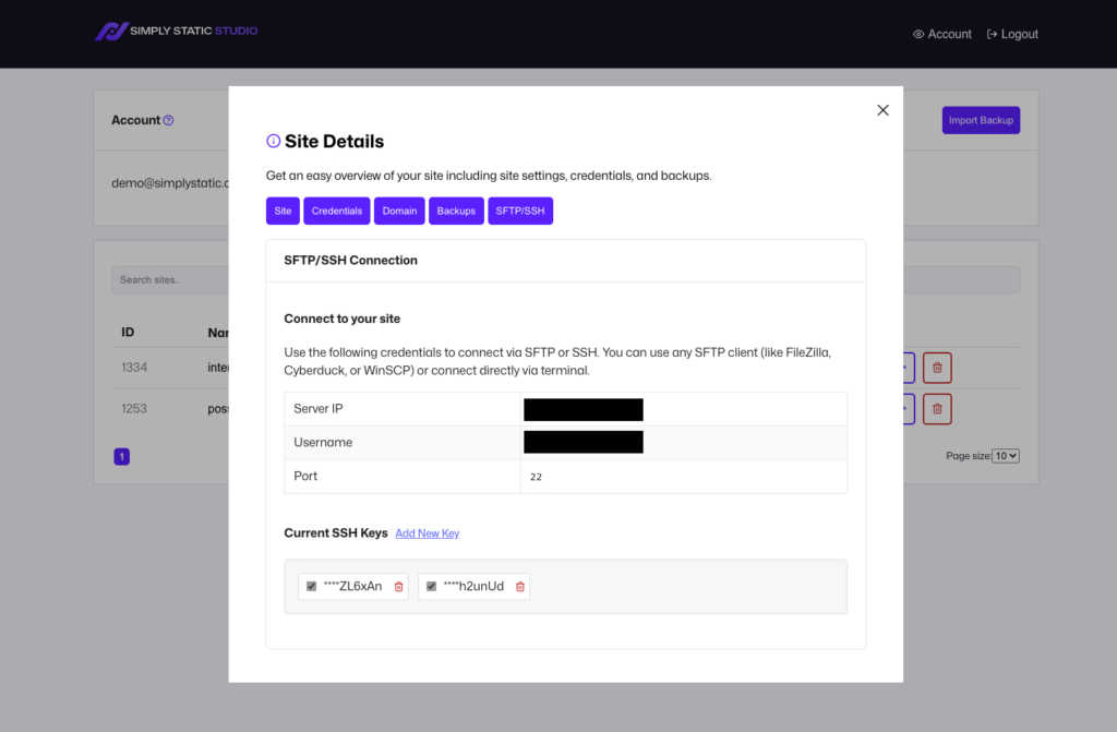 Static Studio - Backups and SSH Keys 5