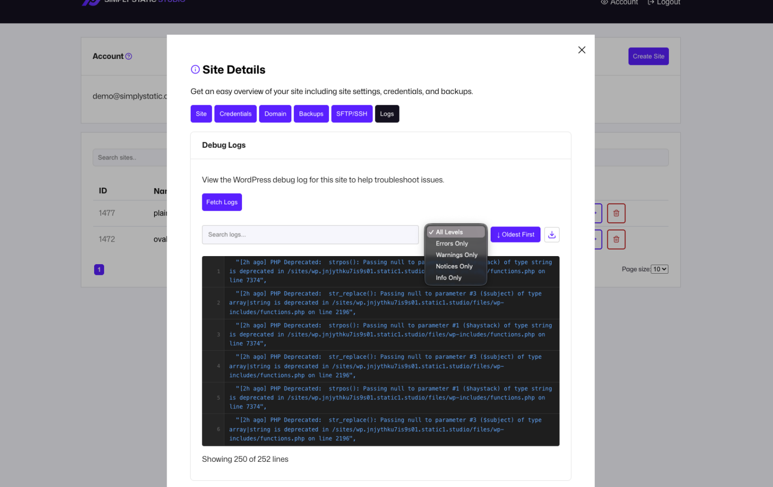 Static Studio - Domains, Logs and Import Links - Simply Static