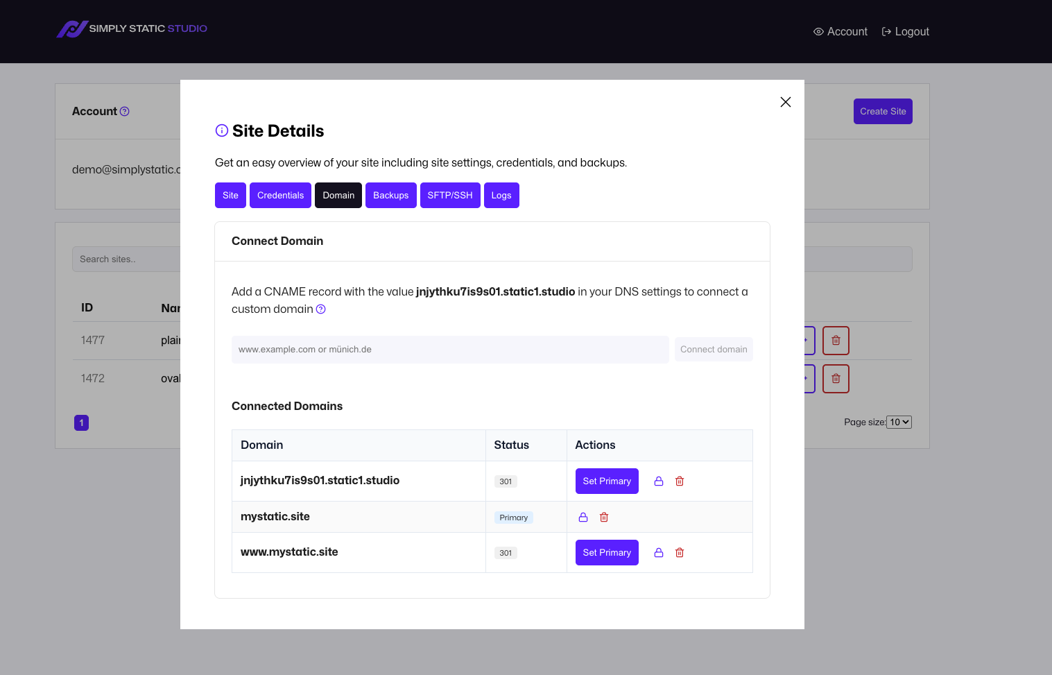 Static Studio - Domains, Logs and Import Links - Simply Static