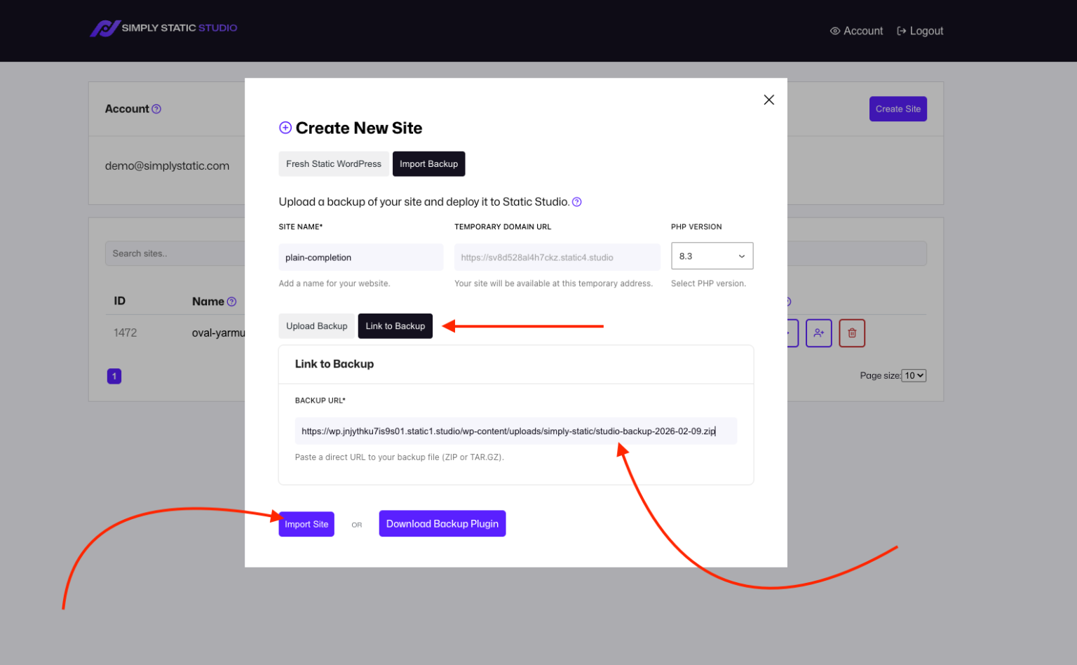 Static Studio - Domains, Logs and Import Links - Simply Static