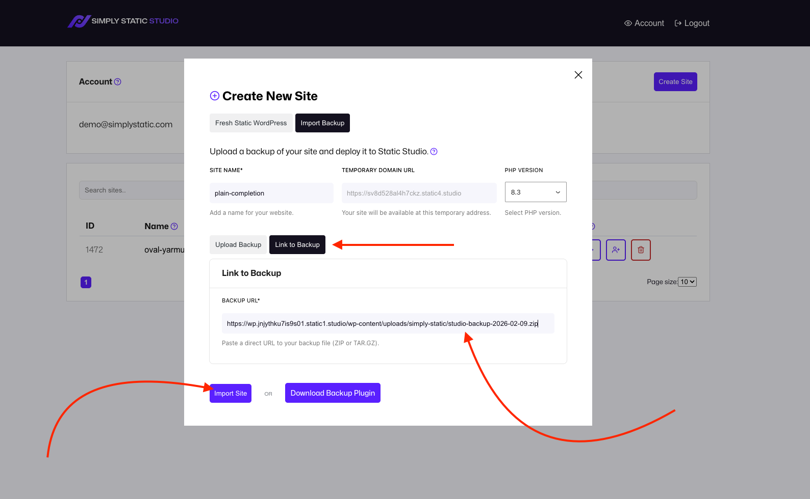 Static Studio - Domains, Logs and Import Links - Simply Static