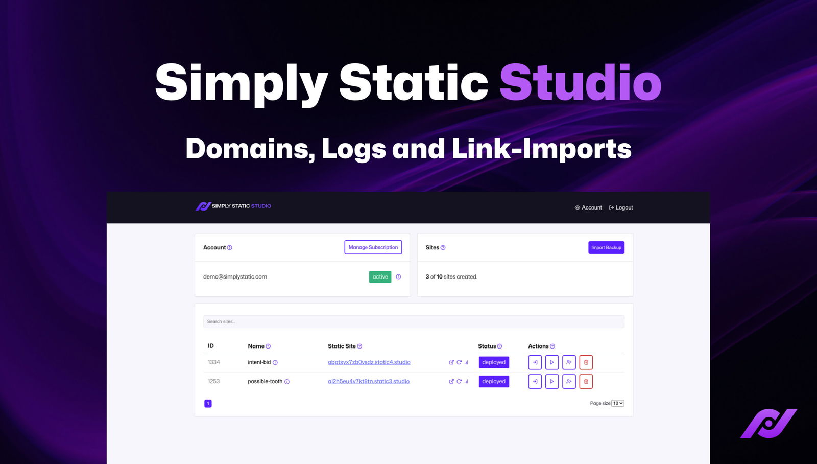 Static Studio – Domains, Logs and Import Links
