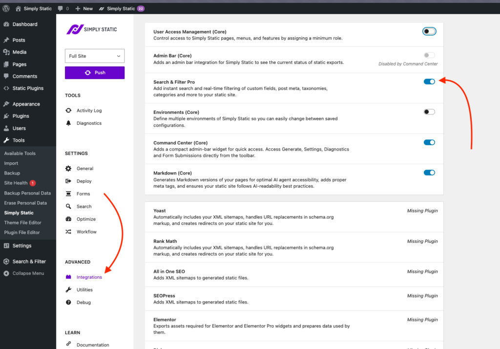 Simply Static Pro - Markdown, Search & Filter and Command Center 12