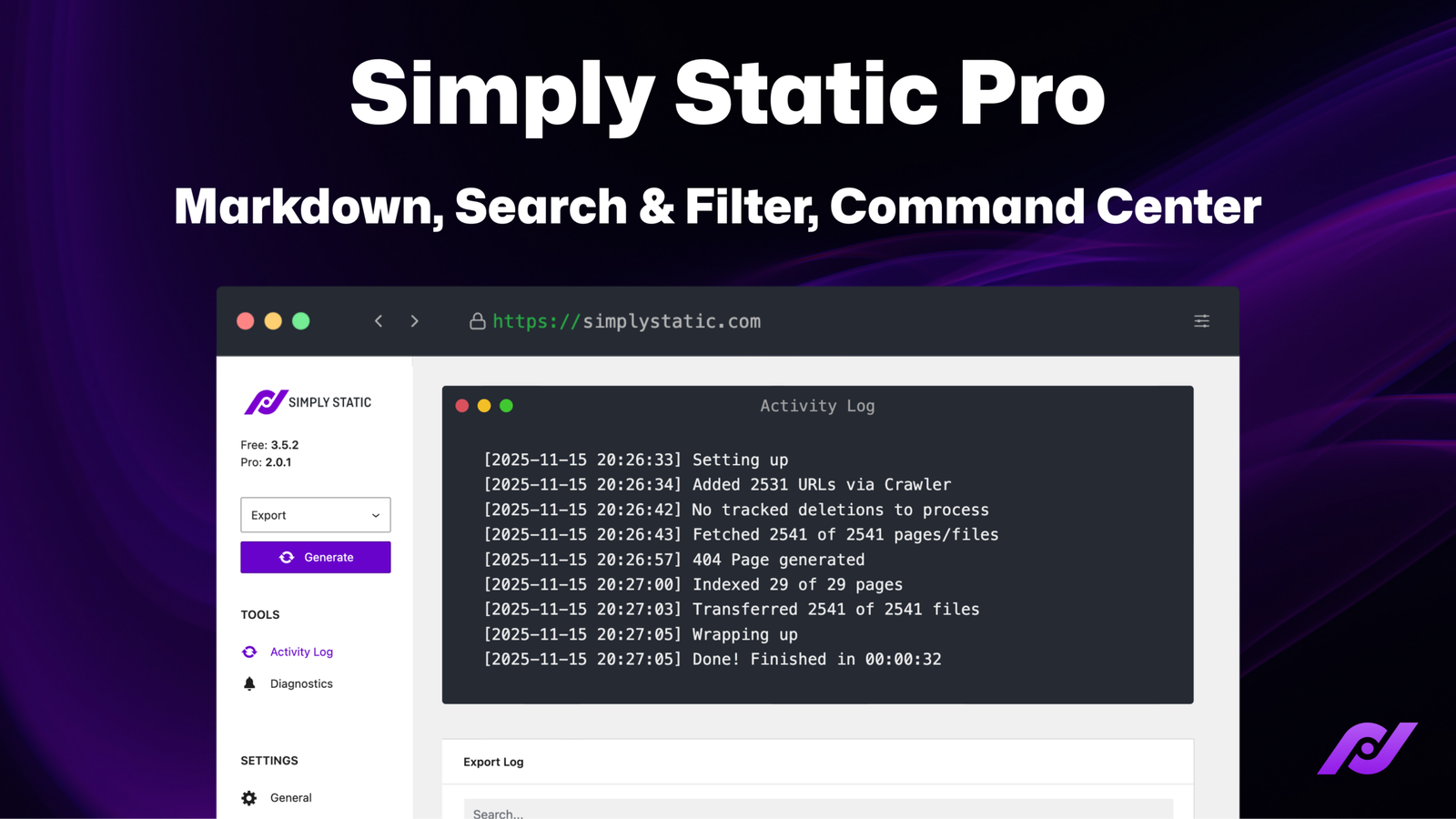 Simply Static Pro – Markdown, Search & Filter and Command Center