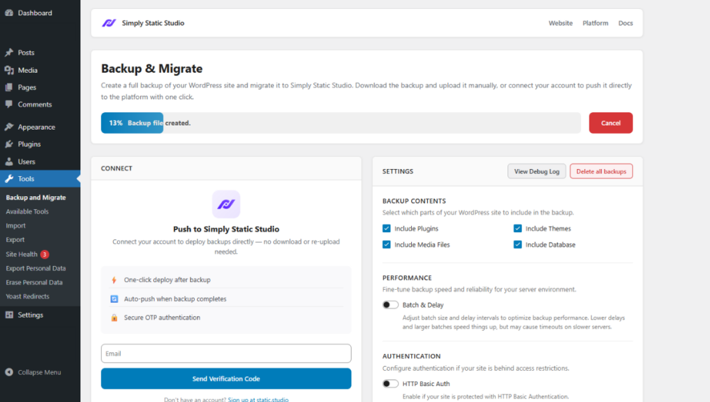 simply static studio backup plugin