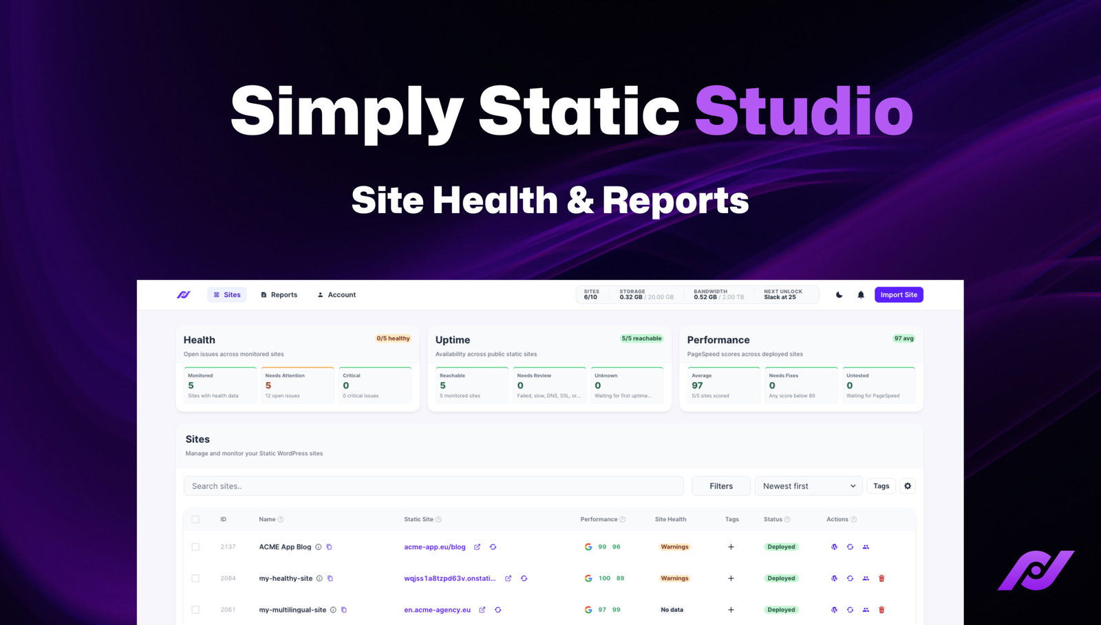 Static Studio – Site Health & Reports